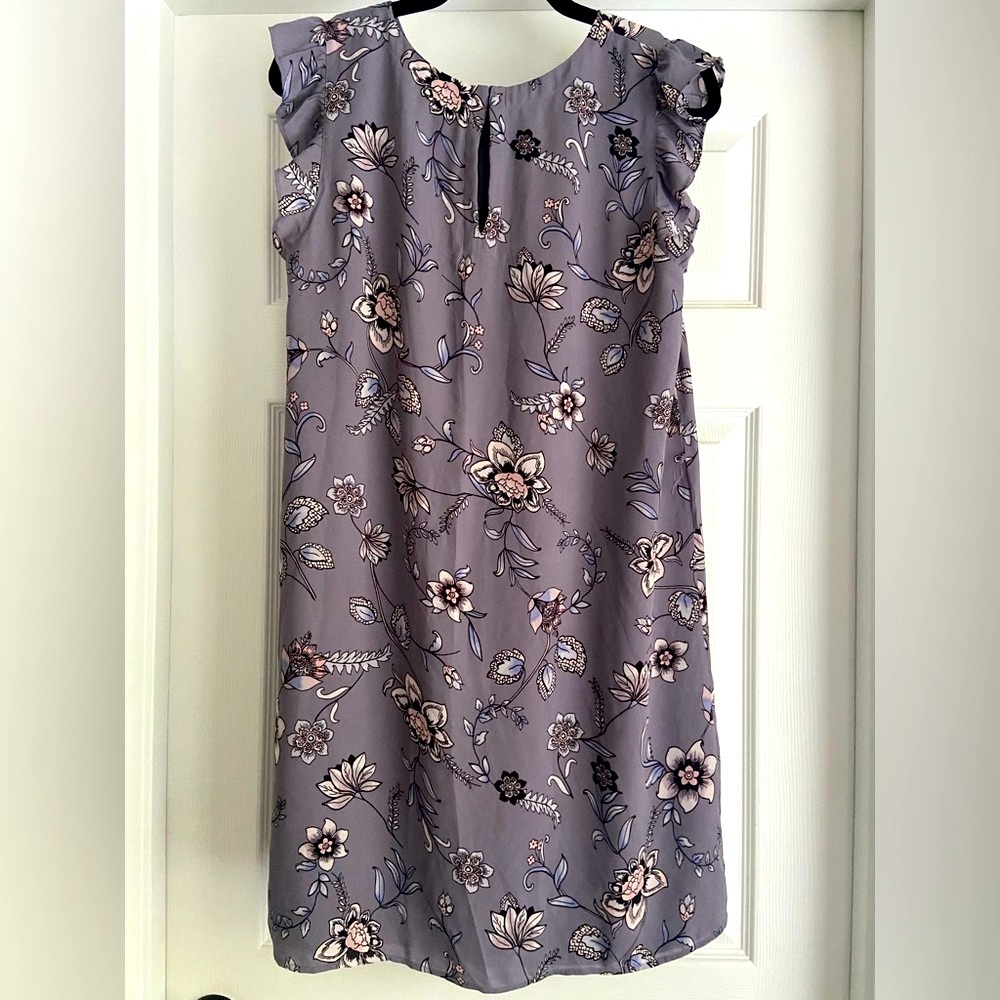 LOFT Floral Ruffle Sleeve Mini Dress - Gray and Pink - Picture 3 of 6